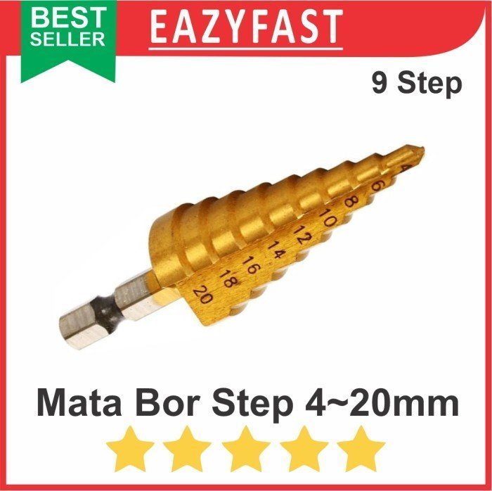 ginee_20241206160810890_6617574922.jpeg Mata Bor Step Drill Bits Multi Sze 4-20mm HSS Pagoda Kerucut Cone 5in1 - Image 1