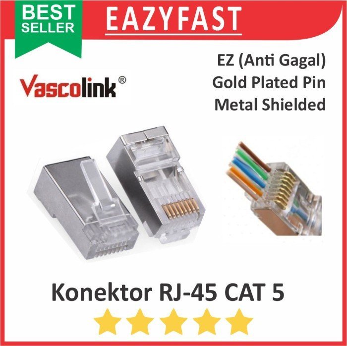 ginee_20241213100300809_3113882355.jpeg Konektor Jack RJ45 Cat5 LAN Ethernet FTP CAT 5 Anti Gagal EZ Vascolink Metal Shield Gold Plated RJ 45 Male Connector - Image 1