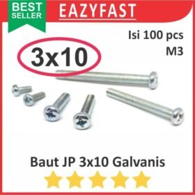 Baut JP M3 10mm 3x10 3 x 10 mm M3x10 Galvanis Putih Phillips Screw Drat Halus Pack isi 100 Pcs Skrup