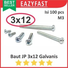 Baut JP M3 12mm 3x12 3 x 12 mm M3x12 Galvanis Putih Phillips Screw Drat Halus Pack isi 100 Pcs Skrup