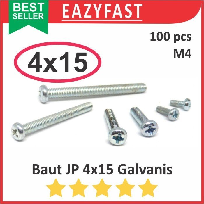 ginee_20250320154751574_9725717579.jpeg Baut JP M4 15mm 4x15 4 x 15 mm M4x15 Galvanis Putih Phillips Screw Drat Halus Pack isi 100 Pcs Skrup - Image 1