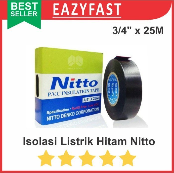 ginee_20241205150648596_5684385644.jpeg Isolasi Kabel Listrik Hitam Solatip Lakban Nitto PVC Tape 3/4" x 25m - Image 1